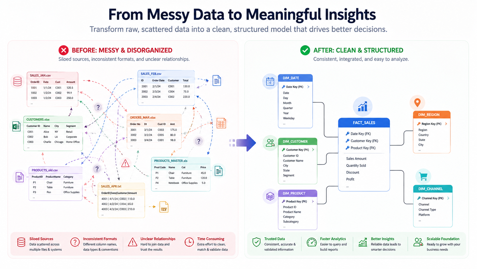Before-and-after graphic showing messy raw data transformed into a clean, structured data model