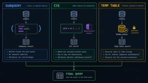 Illustration for: CTEs vs. Subqueries vs. Temp Tables: When to Use Which
