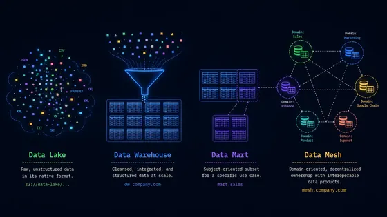 Illustration for: Data Warehouse vs. Data Lake vs. Data Mart vs. Data Mesh: Key Differences & Trade-offs