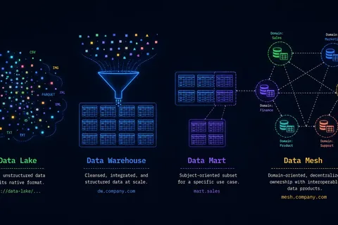 Illustration for: Data Warehouse vs. Data Lake vs. Data Mart vs. Data Mesh: Key Differences & Trade-offs