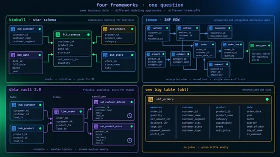 Illustration for: Kimball, Inmon, Data Vault, and OBT — Which Data Modeling Framework Fits Your Warehouse
