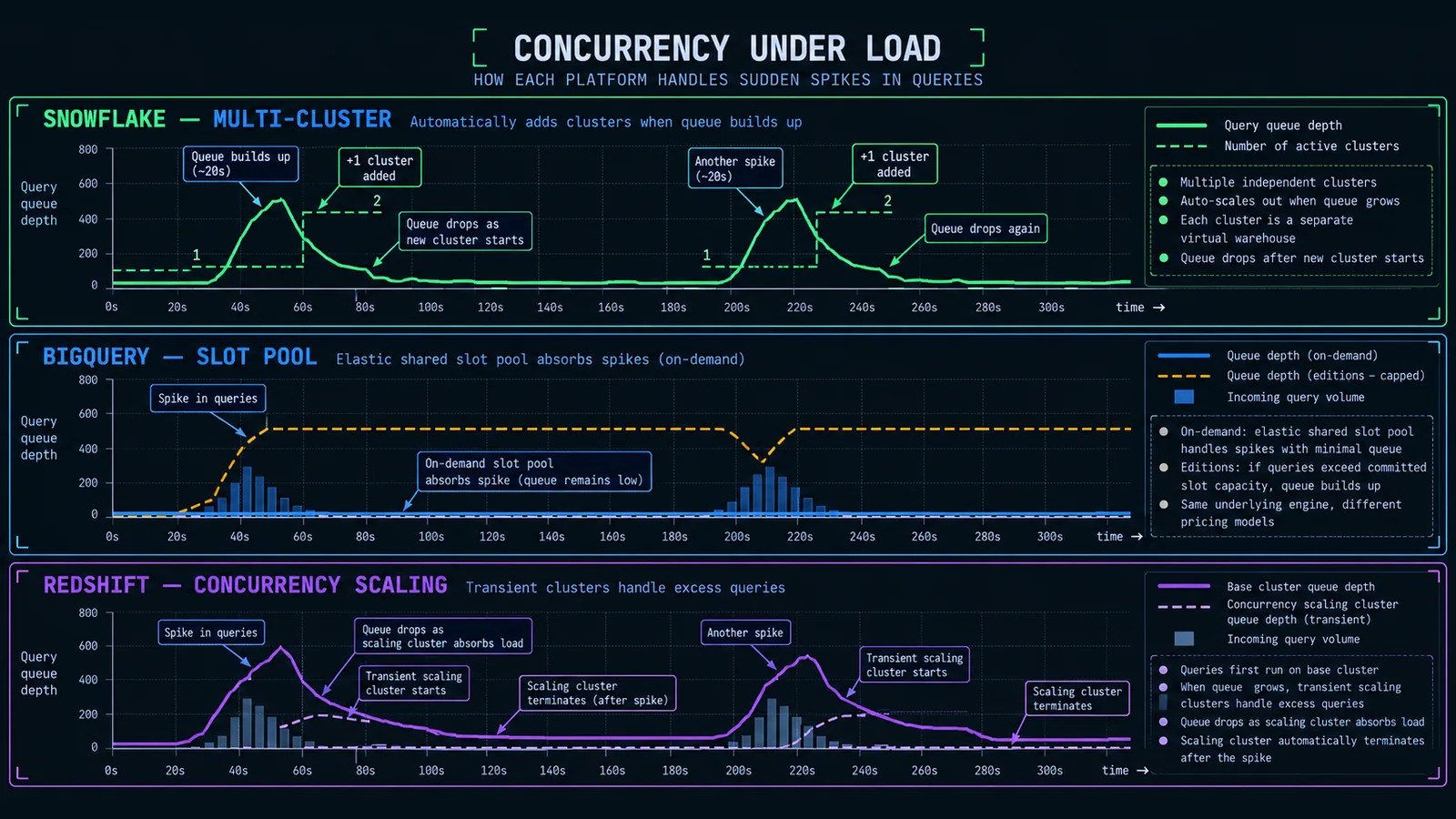 Illustration comparing how Snowflake multi-cluster warehouses, BigQuery's slot pool, and Redshift concurrency scaling each absorb sudden query load spikes