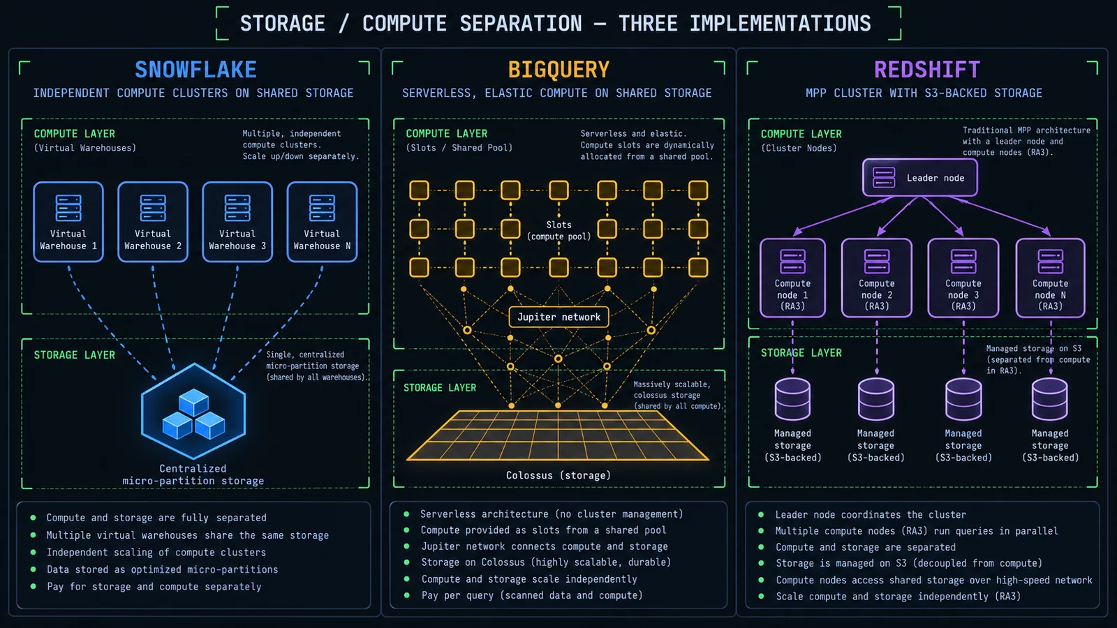 Three-panel architecture diagram comparing how Snowflake, BigQuery, and Redshift each separate storage from compute