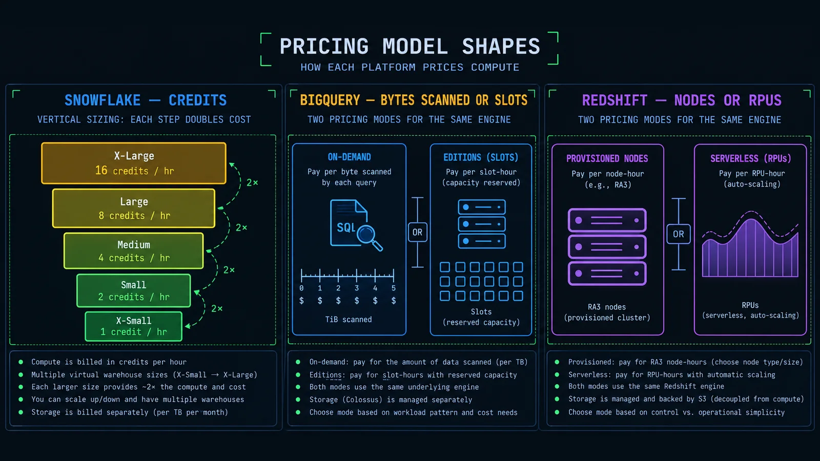 Diagram comparing Snowflake credit-based pricing, BigQuery per-byte-scanned vs slot pricing, and Redshift provisioned-node vs RPU serverless pricing