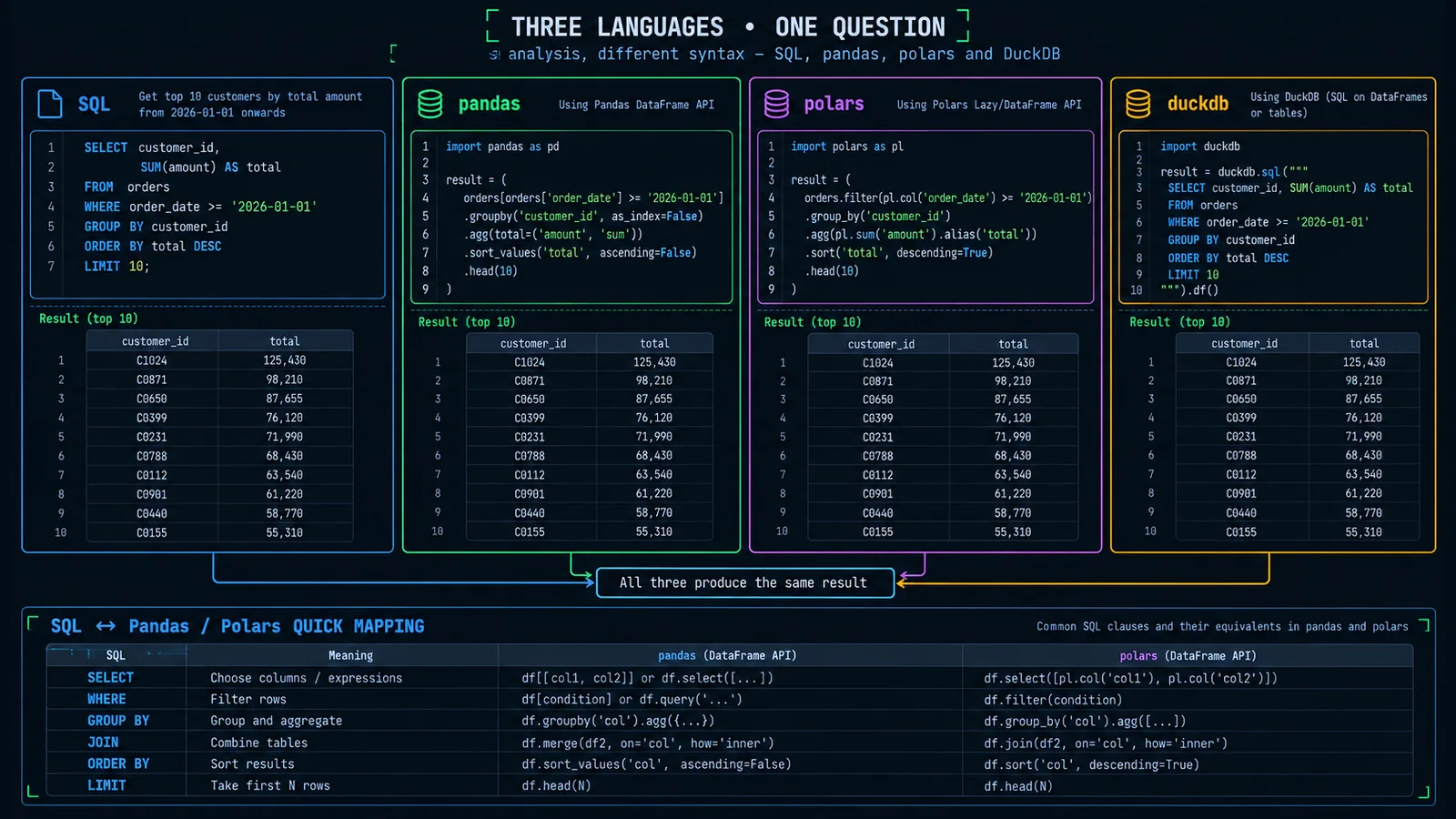Split-screen visualization showing a SQL query on the left and its pandas / polars / DuckDB equivalents on the right, all producing the same tabular result, with a small mapping table of SQL keywords to pandas methods along the bottom