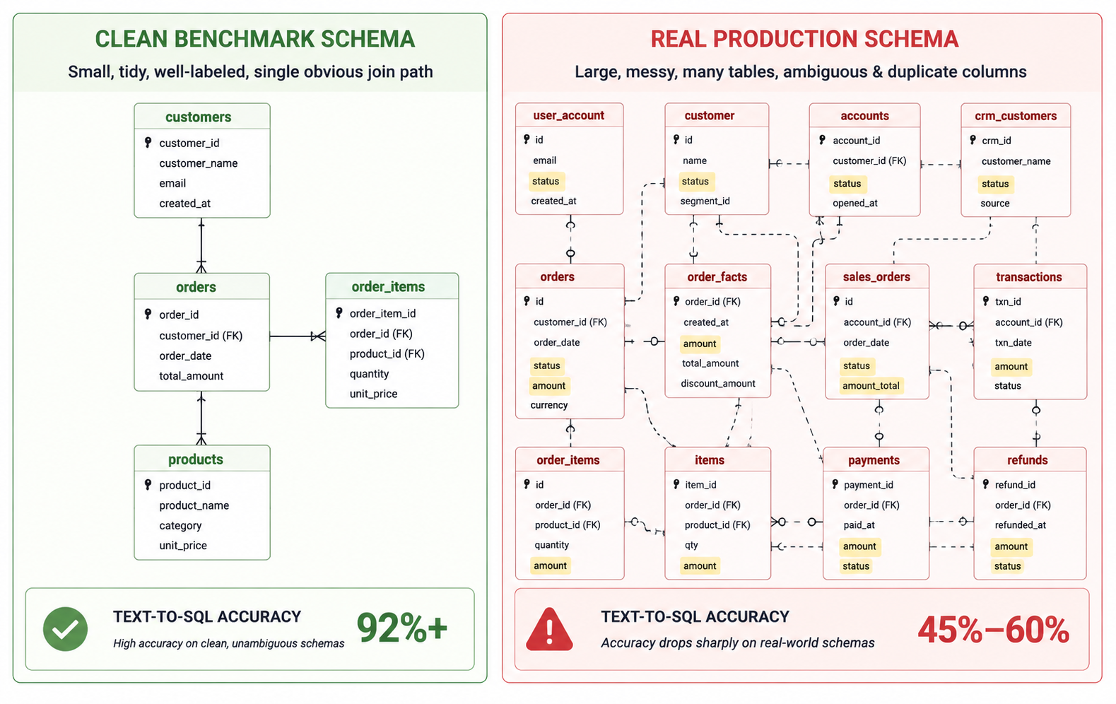 Comparison diagram showing why text-to-SQL accuracy looks high on clean benchmark schemas but drops sharply on messy, real production schemas
