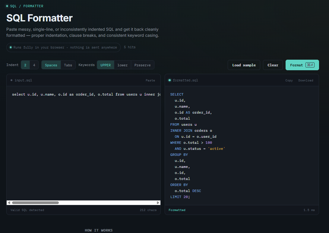 Screenshot of the tools.techedge.in SQL Formatter, showing a messy multi-line join query on the left formatted into clean, indented, syntax-highlighted SQL on the right